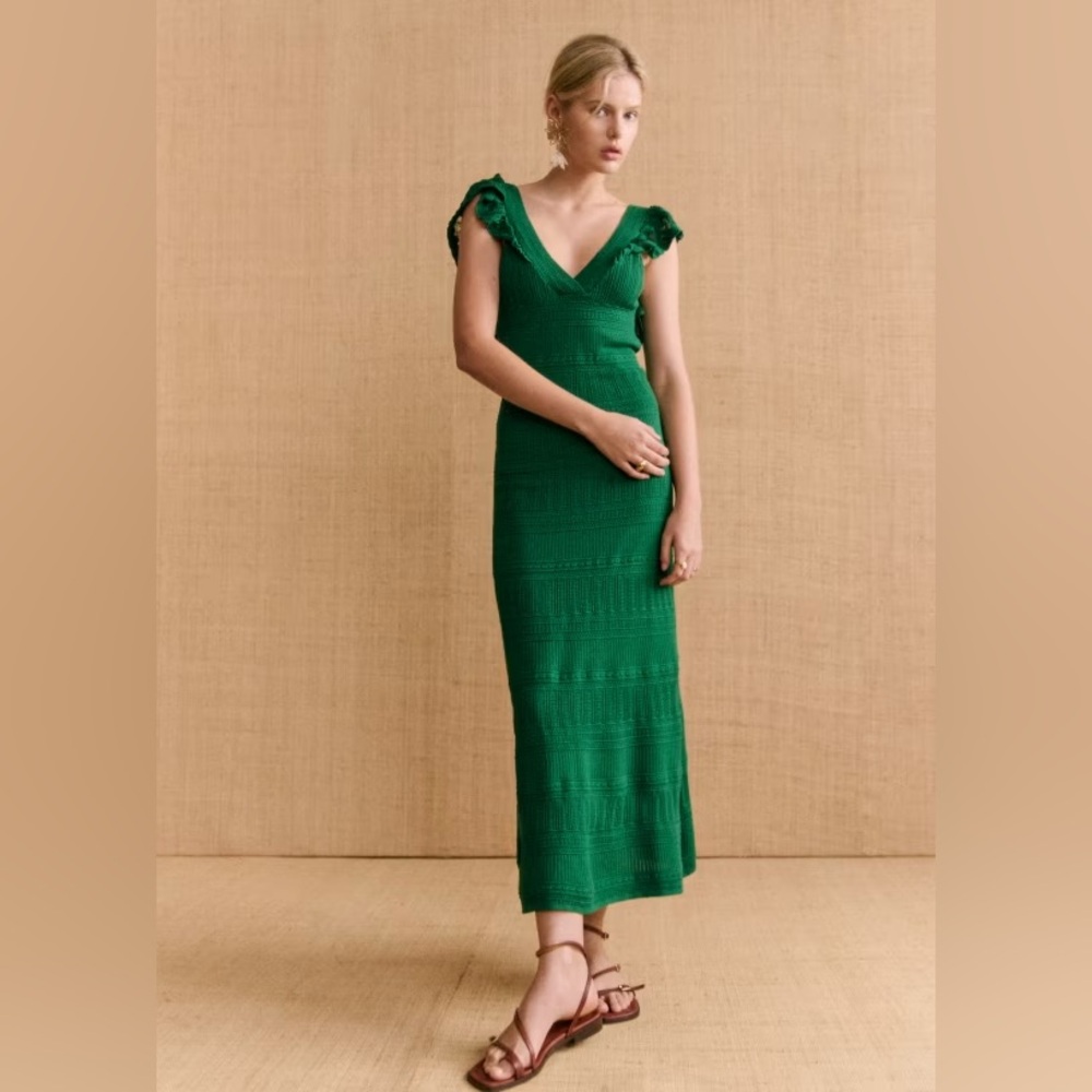 Sézane Aphrodite Summer Green Knit V-Neck Maxi Dress